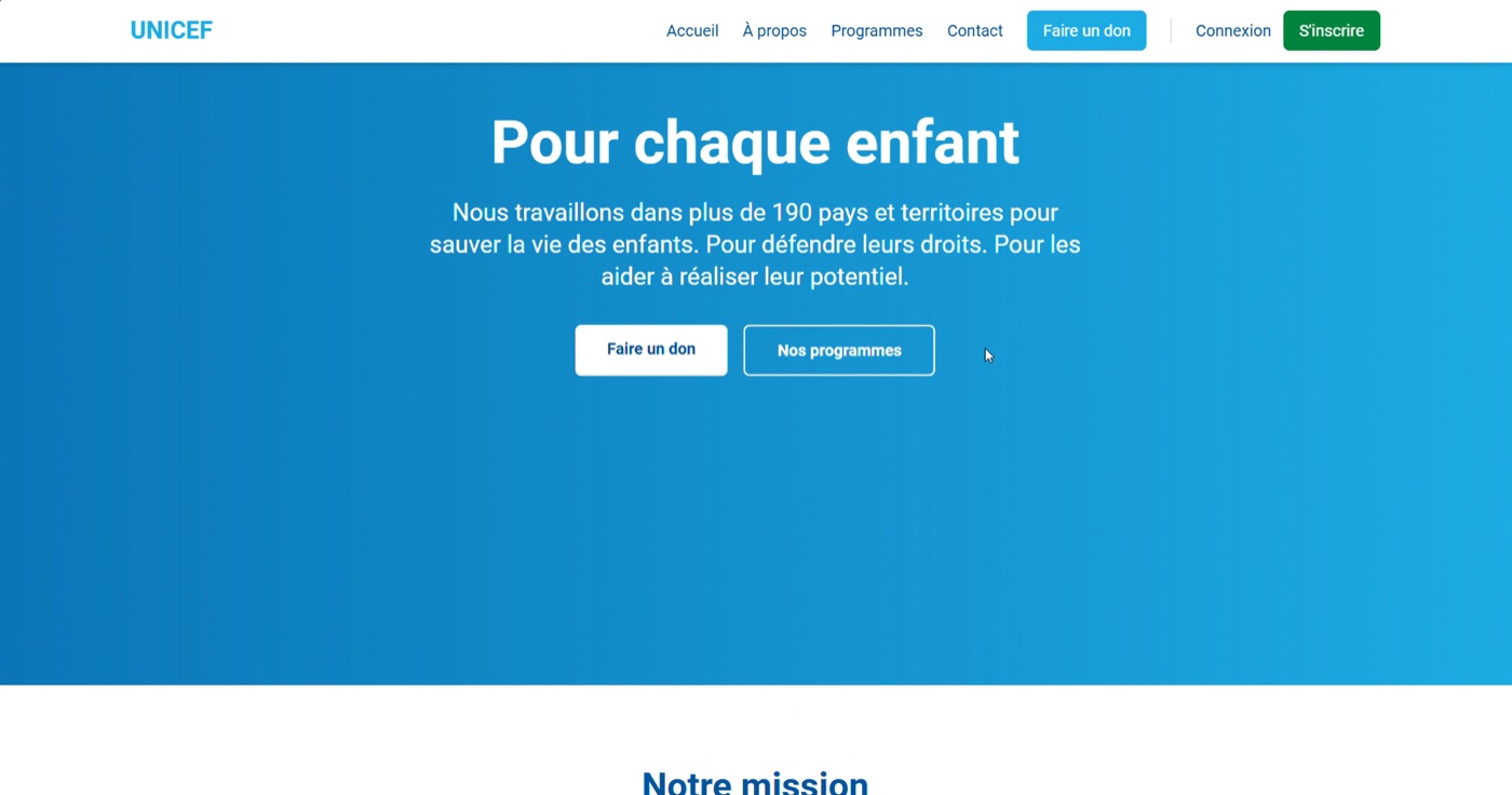 Aperçu du projet de site UNICEF